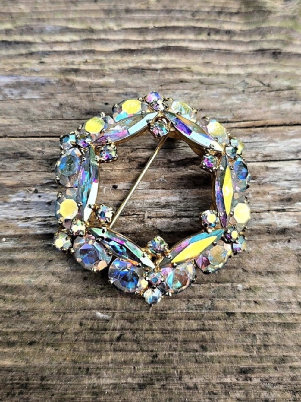 Sherman Vintage AB Aurora Borealis Rhinestone Wreath Brooch